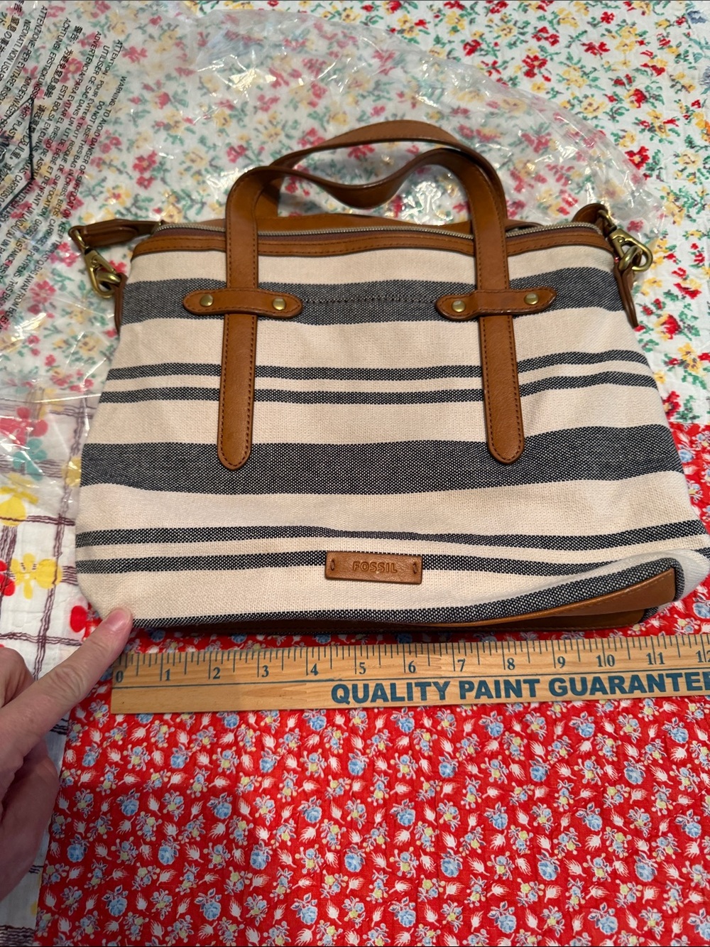 Fossil Beige Canvas Tote with Navy Stripes and Tan Leather Trim